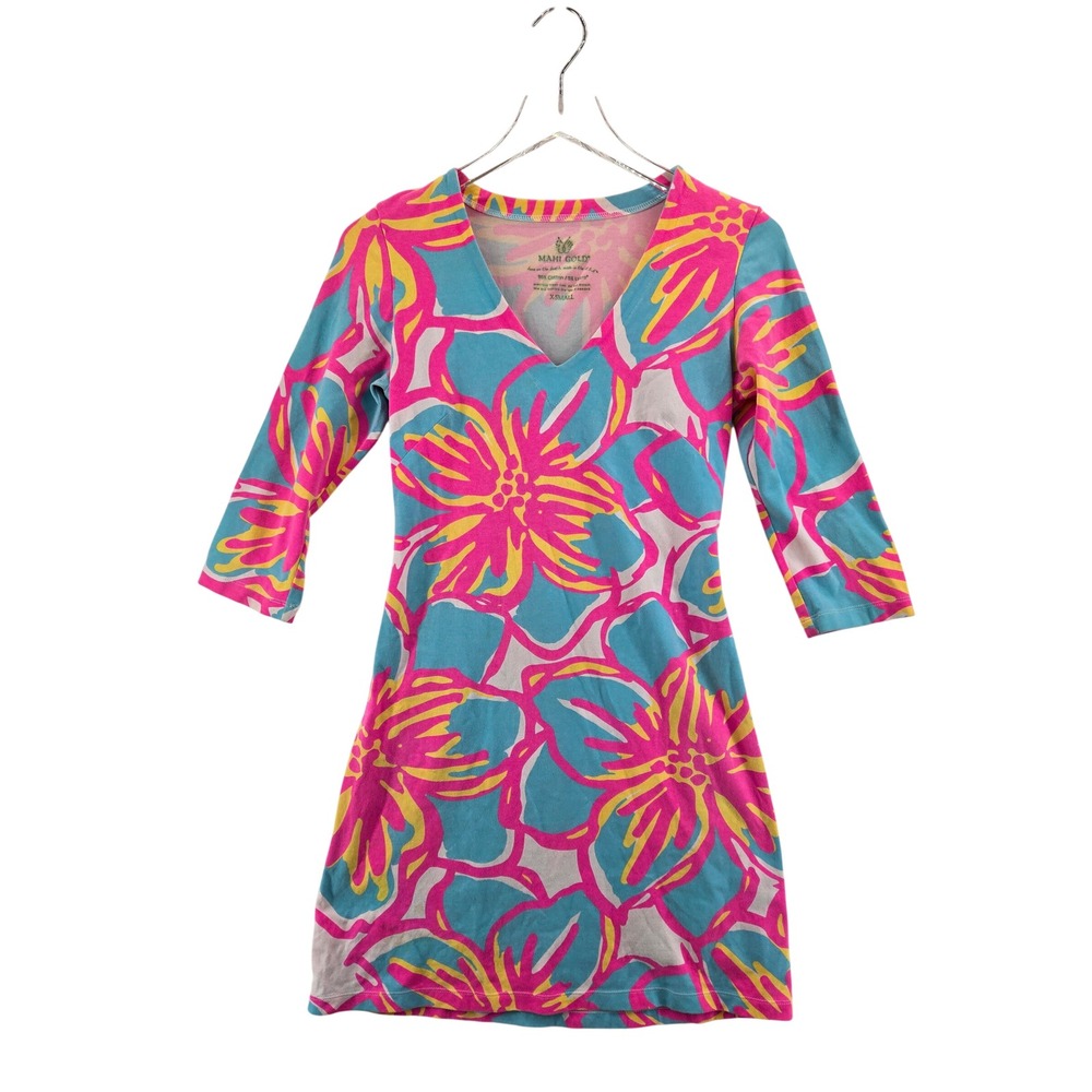 Mahi Gold Womens XS Floral‎ V-Neck 3/4 Sleeve Shift Dress Pink Blue Made in USA